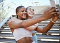 Exercise, friends and selfie on a phone with happy, relax women bonding and laughing during a workout in a city. social