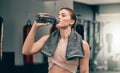Exercise health, gym and woman drinking water for sports thirst hydration, fitness performance or running workout Royalty Free Stock Photo