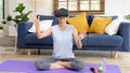 Exercise at home, e sport, Happy asian girl playing vr while workout fitness, Healthy asia woman wearing virtual reality headset Royalty Free Stock Photo