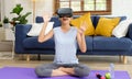 Exercise at home, e sport, Happy asian girl playing vr while workout fitness, Healthy asia woman wearing virtual reality headset Royalty Free Stock Photo