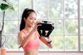 Exercise at home, e sport, Happy asian girl playing vr while workout fitness, Healthy asia woman wearing virtual reality headset Royalty Free Stock Photo