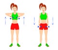 Exercise at home. Young curvy girl doing exercises with dumbbells for arm muscles.