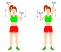 Exercise at home. Young curvy girl doing exercises with dumbbells for arm muscles. Royalty Free Stock Photo