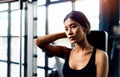 exercise by lifting weights and sit back and wipe the sweat off your face. Muscular and strong body Royalty Free Stock Photo