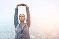 Exercise, running and stretching with sports woman outdoor in mountains for morning cardio training. Fitness, health and Royalty Free Stock Photo