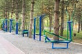 Exercise stations in public park. Free outdoor gym. Close up outdoors gym equipment at the park sports ground