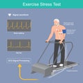 Older man the heart beat test on electric treadmill.