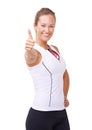 Exercise, thumbs up and woman in studio for fitness success, workout achievement and winning hands or like emoji