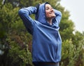 Exercise woman, winter fitness and stretching in nature, park and garden, fresh air and freedom, morning running and Royalty Free Stock Photo