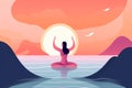 woman yoga relaxation meditation sunset lotus exercise back sea ocean person. Generative AI.