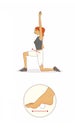 Exercises. Red-haired girl trains the muscles of the abdominal and buttocks. Massage of foot arch with ping-pong. on
