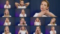 Exercises for rejuvenating face, woman is showing massage and gymnastics, face fitness