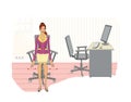 Exercises for relaxing hands. Young woman in the office performs exercises for relaxing hands sitting near the desktop