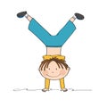 Exercising boy having fun, smiling, doing handstand