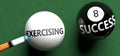 Exercising brings success - pictured as word Exercising on a pool ball, to symbolize that Exercising can initiate success, 3d