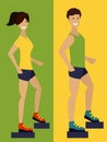 Exercising couple, fitness man and woman. Flat design illustration