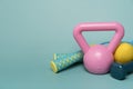 Exercising sport equipment with green table background Royalty Free Stock Photo