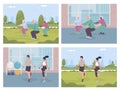 Exercising together flat color vector illustration set Royalty Free Stock Photo