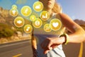 Exercising Woman Checking Activity Tracker With Health Icons