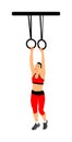 Exercising woman holding gymnastic rings illustration isolated on white background. Girl intense dip ring workout at gym.