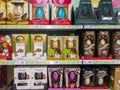 Exeter, Devon , England, March, 14, 2019: A supermarket shelves selling large and expensive chocolate Easter Eggs. Lots