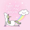 Exhale and keep being magical - funny vector quotes and unicorn drawing.