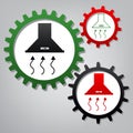 Exhaust hood. Range hood. Kitchen ventilation sign. Vector. Three connected gears with icons at grayish background.. Illustration. Royalty Free Stock Photo