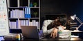 Exhausted businessman sleeping at his desk and working overtime late at night, he is surrounded by piles of paperwork Royalty Free Stock Photo