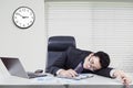 Exhausted caucasian worker sleeping in office
