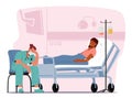 Exhausted And Despondent Doctor Male Character Slumps Beside The Seriously Ill Patient Bed, Vector Illustration