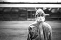 Exhausted emotional doctor/nurse wearing coronavirus protective gear N95 mask.Coronavirus Covid-19 pandemic outbreak.Frontline Royalty Free Stock Photo