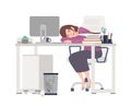 Exhausted female office worker, manager or clerk sitting at desk covered with documents and sleeping. Tired young woman