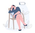 Exhausted girl with low energy battery sitting on chair. Tired office woman, fatigue sadness or frustration. Student or