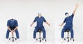 Exhausted male medical professional stretching sitting on mobile saddle