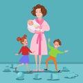 Exhausted Mother with Newborn and Children. Tired Cartoon Woman and Romping Kids. Motherhood Concept