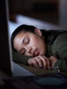 Exhausted, night and a business woman sleeping at her desk while working overtime in her office. Burnout, deadline and Royalty Free Stock Photo