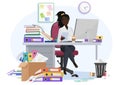 Exhausted overwhelmed by work african american black young female employee stays late at work in the office. Tired by