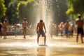 exhausted people cooling with splashes of water in fountain in extreme heat, heatwave Royalty Free Stock Photo