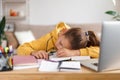 Little girl fell asleep while studying at home Royalty Free Stock Photo