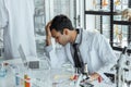 Exhausted stressed research scientists feeling tired worried about problem in chemical laboratory