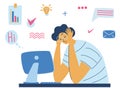 Exhausted tired male manager in office sad sitting with head down. Burnout concept illustration with exhausted man office worker
