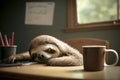 Exhausted tired sloth sleeps on a desk next to a coffee mug