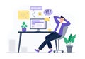 Exhausted worker sleep behind his desk. Procrastination, working at home, telework, freelance. Vector flat illustration.