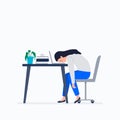 Exhausted young woman at work. Burnout at work, working at home or office, telework, freelance. Vector flat illustration