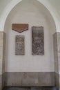 Exhibition of ancient artifacts in corridor of Church of the Minorities, Vienna