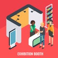 Exhibition booth, stand, vector isometric illustration. Trade show, promotional event with sales promoter, customers.