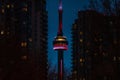 Exhibition district in modern metropolis city of Toronto, with epic view of famous CN tower in background