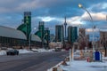 Exhibition district in modern metropolis city of Toronto, with epic view of famous CN tower in background