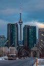 Exhibition district in modern metropolis city of Toronto, with epic view of famous CN tower in background