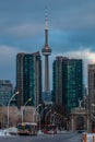 Exhibition district in modern metropolis city of Toronto, with epic view of famous CN tower in background